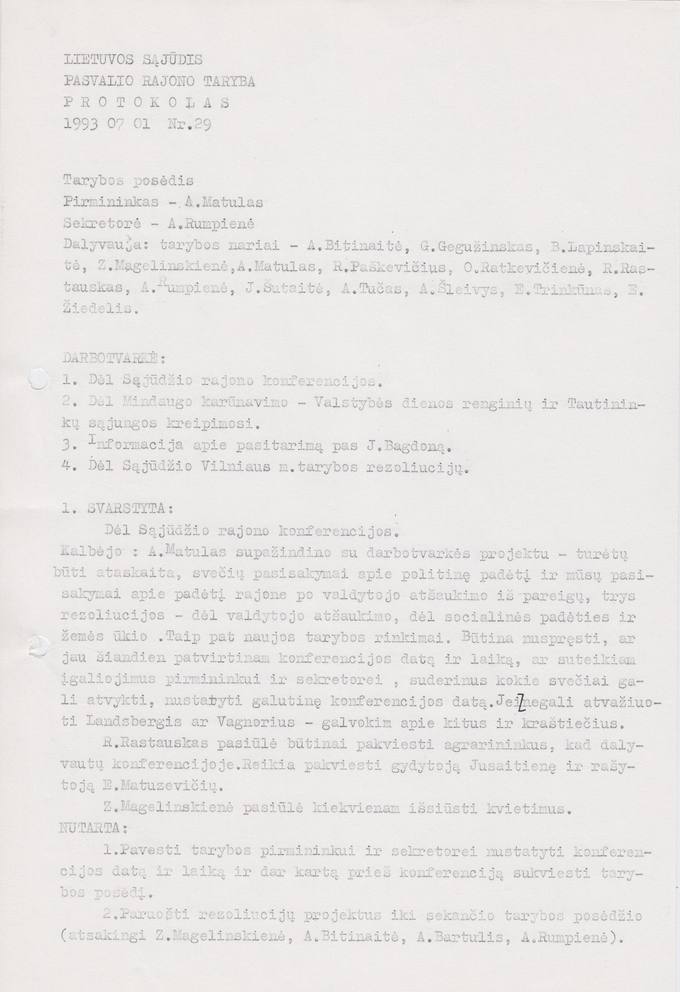 Lietuvos Sajūdžio Pasvalio rajono Tarybos 1993 m. liepos 1 d. posėdžio PROTOKOLAS Nr. 29